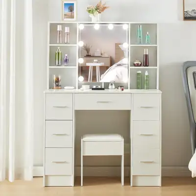 Vanity Desk with 10 Lights – Adjustable Brightness & 7 Drawers +, View more