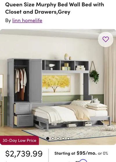 Queen Size White & Grey Murphy Wall Bed with Closet & 2 Drawers,, View more