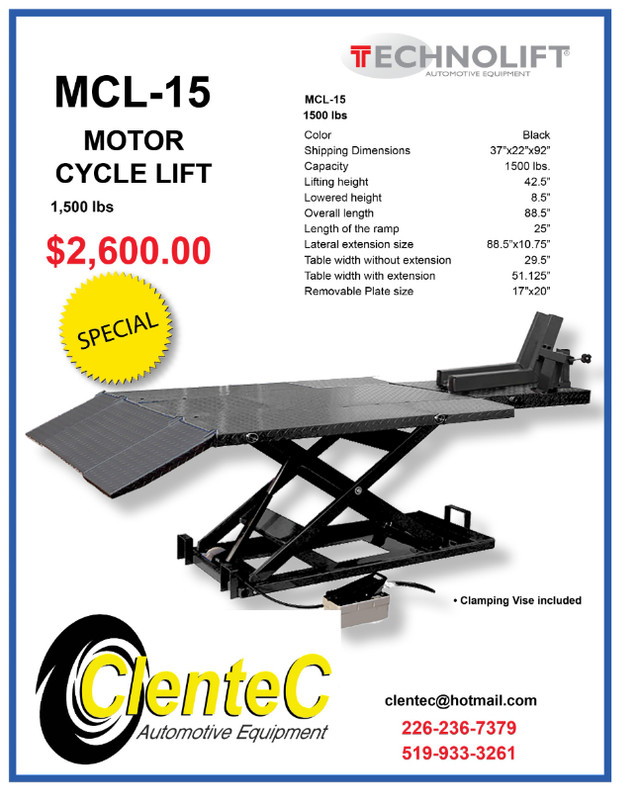 MOTORCYCLE LIFT 1500lb - $2,600 - CLENTEC in Motorcycle Parts & Accessories in London