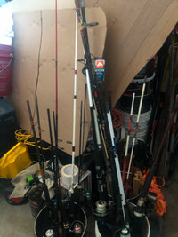 FISHING RODS AND REELS/CASTERS-MANY NEW AND SLIGHLY USED