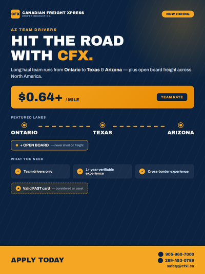 AZ Team Drivers Wanted – Long Haul (ON to TX/AZ) – $0.64+/mile, View more