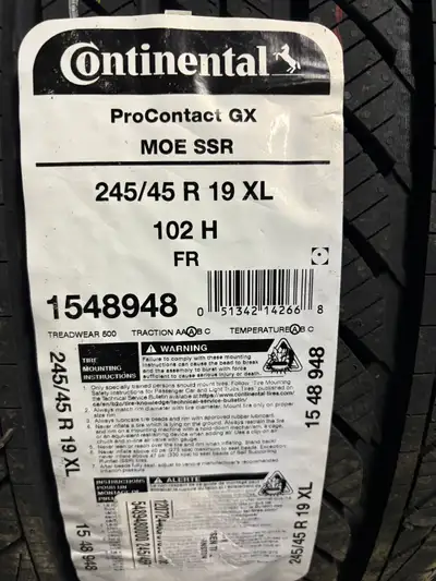 These are NEW Continental ProContact GX SSR Runflat Top Line All Season Tires. $70 Mail in Rebate wi...