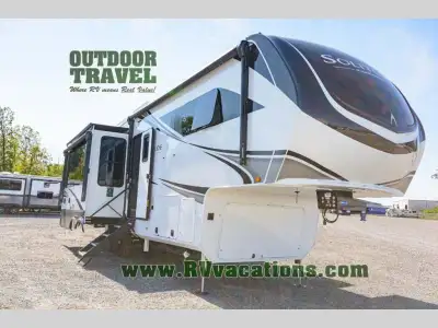 Grand Design Solitude fifth wheel 310GK highlights: Tri-Fold Sofa Kitchen Island Oversized Pantry Sl...