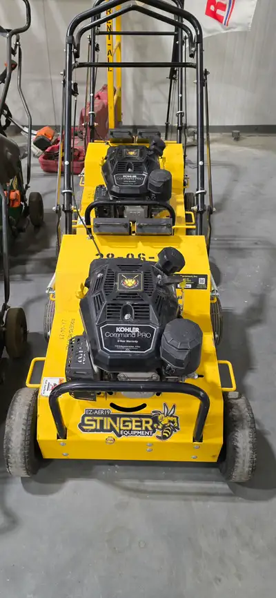 Stinger EZ-19 Lawn Aerator. Width: 28", coring swath 19", Weight: 215 lbs. or 265 lbs. (full water t...