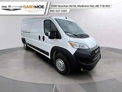 Introducing the 2025 Ram ProMaster Cargo Van Tradesman 2500 High Roof 159 WB w/Pass Seat, a white co...
