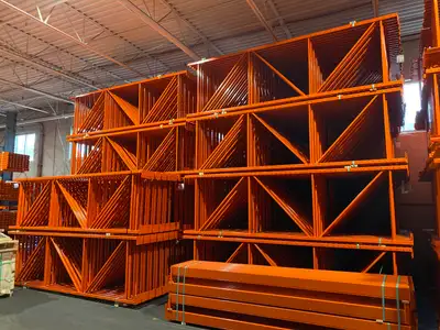 100's of new 12' tall pallet rack frames in stock. Pick up now., View more