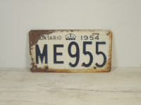 Vintage 1954 Ontario License ME 955 Plate White Black