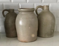 ANTIQUE SALT GLZD STONEWARE Jugs E. L. Farrar Quebec 19th C