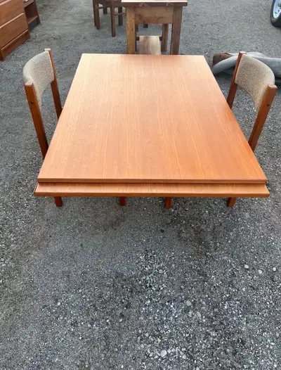Teak Dining Table w/ Extensions + Two (2) Chairs, View more