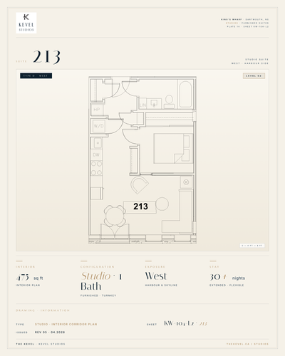 1 Bedroom Suite · 475 sq ft Kevel Studios — Suite 213 Furnished, turnkey residence at 16 Kings Wharf...