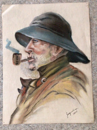 Fusain original d’un pêcheur avec sa pipe signée Jacqueline 1934
