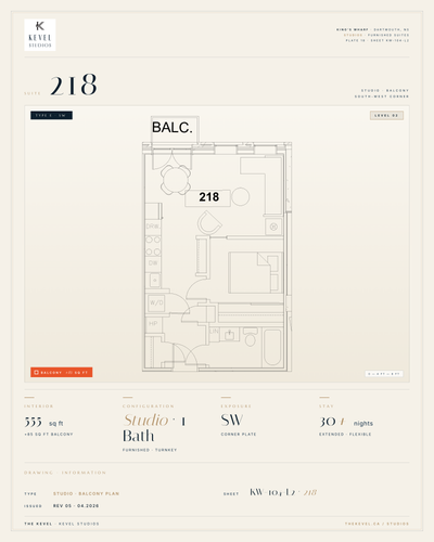 1 Bedroom Suite · 555 sq ft Kevel Studios — Suite 218 Furnished, turnkey residence at 16 Kings Wharf...