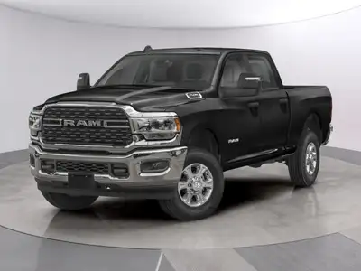 Introducing the 2024 Ram 2500 Big Horn 4x4 Crew Cab, dressed in a sophisticated black exterior and r...