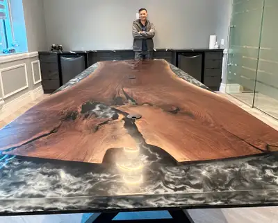 Table with live edges and epoxy river or ocean, View more