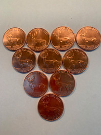 10 - 1 Oz Copper Bullion White Tail Deer Red Coins 0.999 Fine