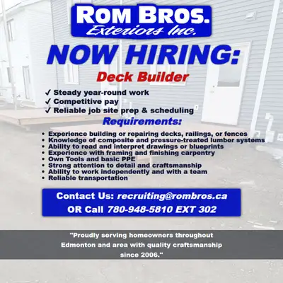 ️ NOW HIRING: DECK BUILDERS, View more