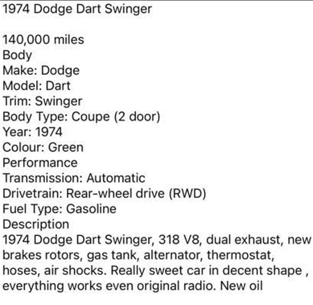1974 Dart Swinger in Classic Cars in Saskatoon - Image 2