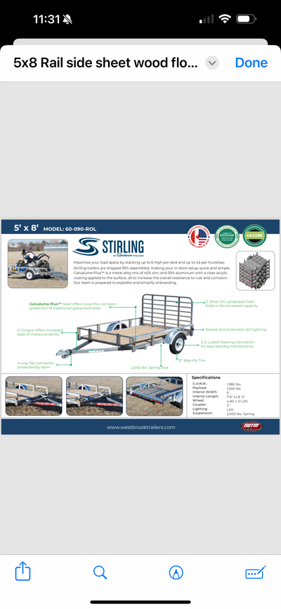 2025 5 x 8 galvanized cargo utility trailer Ramp gate 1500lb cap, View more