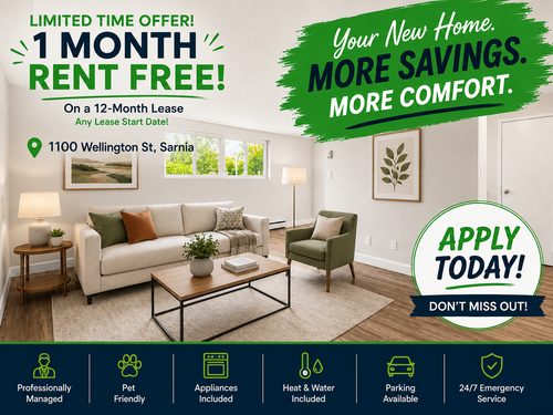One (1) Month Rent-Free Move-In Incentive! 1 and 2 Bedroom Apartments Available for Rent at 1100 Wel...