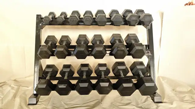 NEW 5-50 LB RUBBER HEX DUMBBELL WEIGHT SET & STAND 7225021 in Exercise Equipment in Prince Albert - Image 5