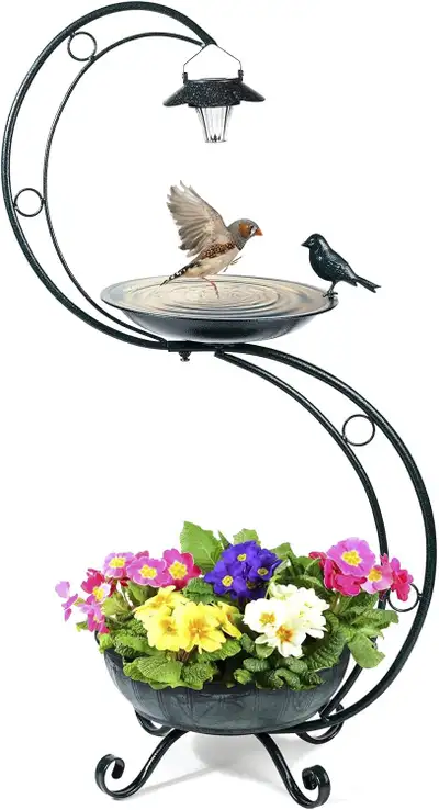 OUTDOOR SOLAR LAMP & PLANTER METAL GARDEN BIRD BATH S1259, View more