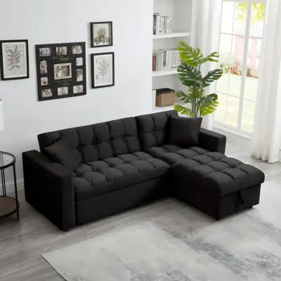 NEW PILLOW TOP VELVET SECTIONAL SOFA SLEEPER BLACK BT2480B, View more