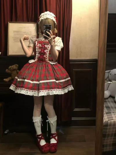 “Laura’s Doll” red tartan Lolita JSK Dress | low-waist Size M., View more