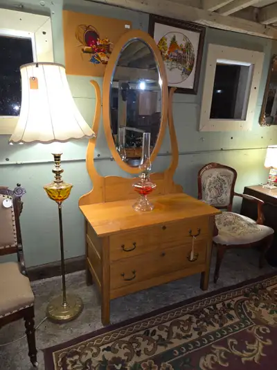 Antique Two Drawer Dresser with Tall Mirror, View more