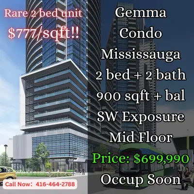 Rare 2-bed unit at only $777/sqft in the highly sought-after Gemma Condos, Mississauga! Spacious 2 B...