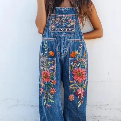 Vintage Floral Embroidered Comfy Jeans Jumpsuit, View more