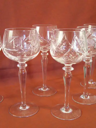 Set of 6 Vintage Pattern Pinwheel & Fan Cut-Crystal Wine Goblets, View more