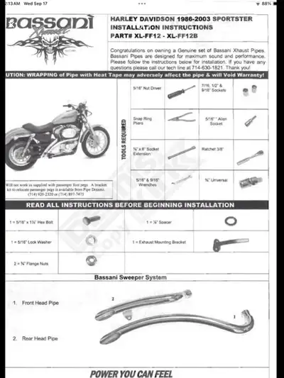 NOS Performance Exhaust BASSANI SWEEPER 1986-03 Harley-Davidson Evo 883 1100 1200 Big Radius Baffled...