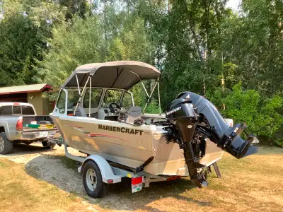 16 foot aluminum harbour craft motorboat with 2 four stroke motors: 60 hp & 8 hp kicker. Trailer inc...