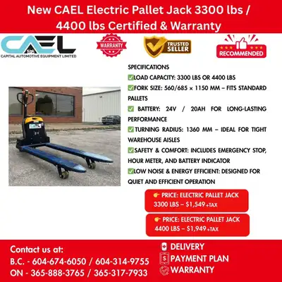 New CAEL Electric Pallet Jack 3300 lbs / 4400 lbs Certified & Warranty 1,470 CAEL Electric Pallet Ja...