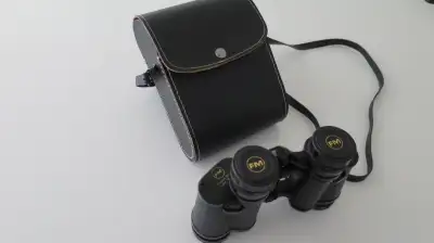 FM 8 X 30 Binoculars with a hard black carrying case with strap., View more