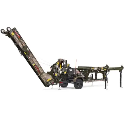 20 ton split force, the WP1624-12 & 24 towable wood processors, available with a 12' or 24' integrat...