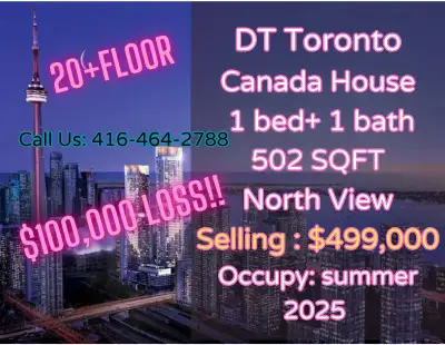 DT Toronto Canada House ONLY $499k!! (a $100,000 LOSS!!!!) 1 Bedroom + 1 Bathroom | 20+ floor| 502 s...