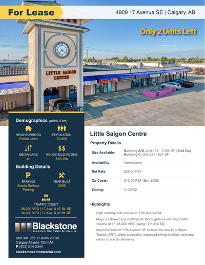 For Lease 4909 17 Avenue SE | Calgary, AB Size Available: Building A/B, Unit 102 - 1,254 SF | End Ca...