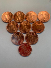 10 - 1oz Copper Bullion Coins Saint Gaudens Design 0.999 Fine