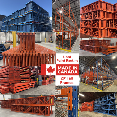 Used 20' tall pallet racking frames - Made In Canada! Redirack warehouse racks available. 100's of u...