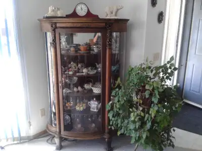 Antique Oak curved glass China cabinet 1920's carved wood, claw