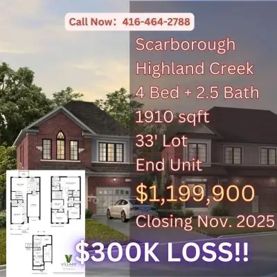 Highland Creek Detached Home Assignment – Rare Corner Lot! $300K LOSS!! CONTACT NOW Scarborough – Th...