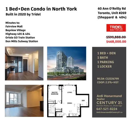1 Bed + Den condo in North York (Sheppard & 404) by Tridel with Parking & Locker Address: Unit 269,...
