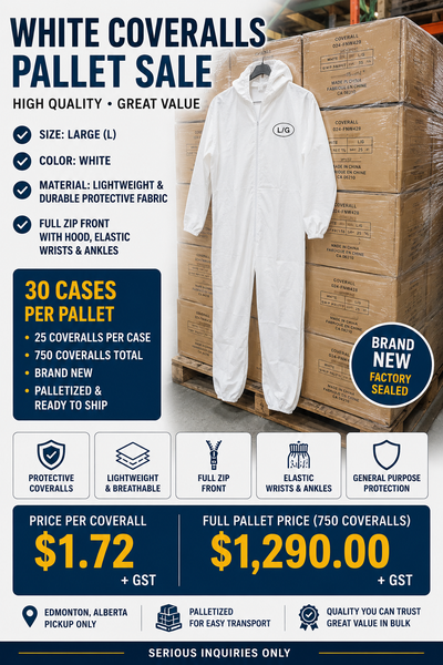 Brand New White Disposable Coveralls – Large – Pallet Sale Brand new white disposable coveralls, siz...