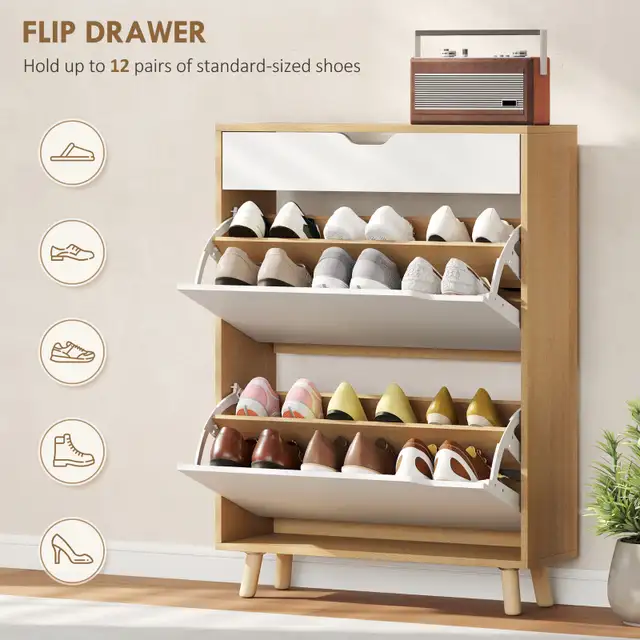 Narrow Shoe Cabinet for Entryway with 2 Flip Drawers, Top Drawer in Home Décor & Accents in City of Toronto - Image 4