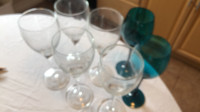 WINE GLASSES. FIVE CLEAR AND TWO COBALT BLUE. NO DAMAGE.TALL 9”