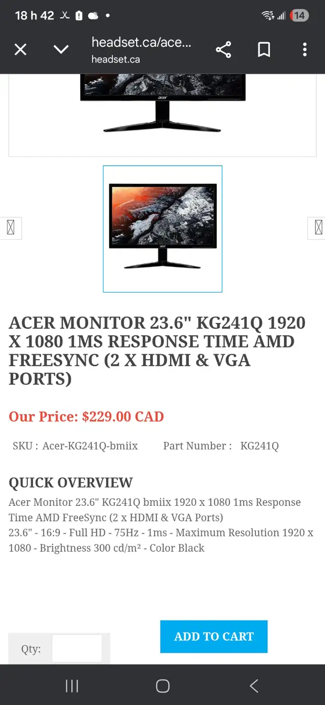 Ecran acer KG241Q in Monitors in Gatineau - Image 3