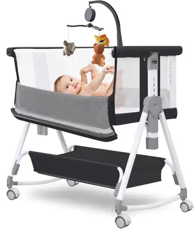 Used one weekend. Not in original box. Black All Mesh 7 Height Adjustable Bedside Crib with Storage...