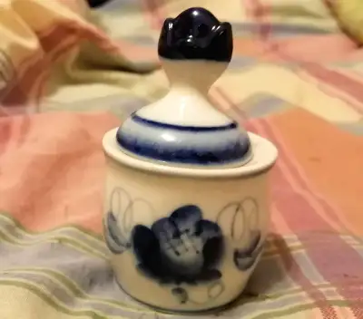 VINTAGE CERAMIC BLUE AND WHITE MINI JAR WITH LID, View more