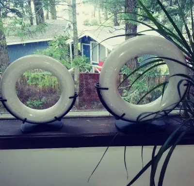 Two Marble Rings in White on Metal Stands, View more